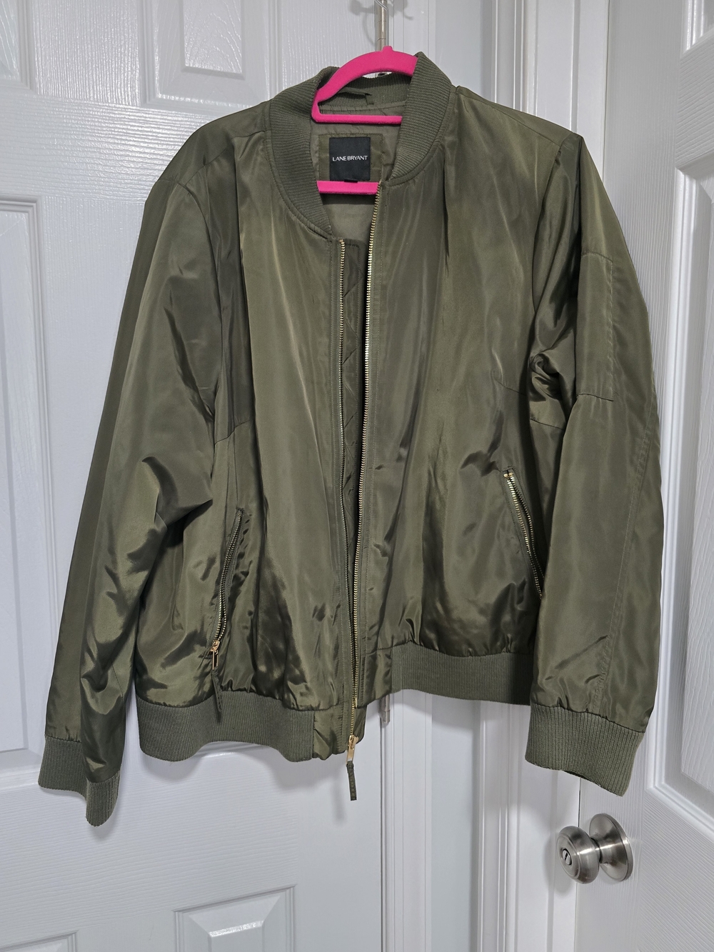 Lane Bryant Olive Bomber Jacket with Gold Zippers